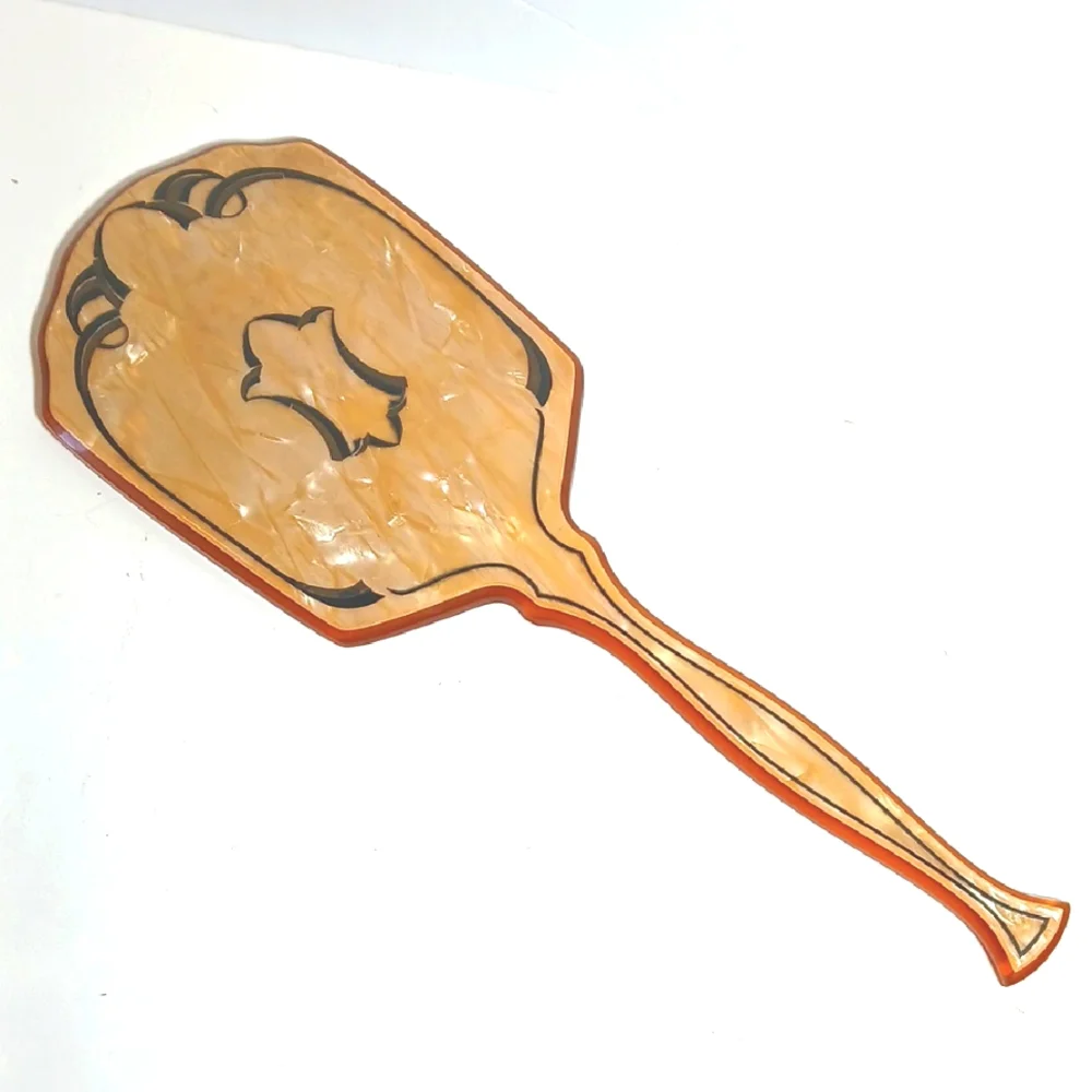🧡 1920s Art Deco Celluloid & Bakelite Vanity Hand Mirror Vintage Aristo du Jour